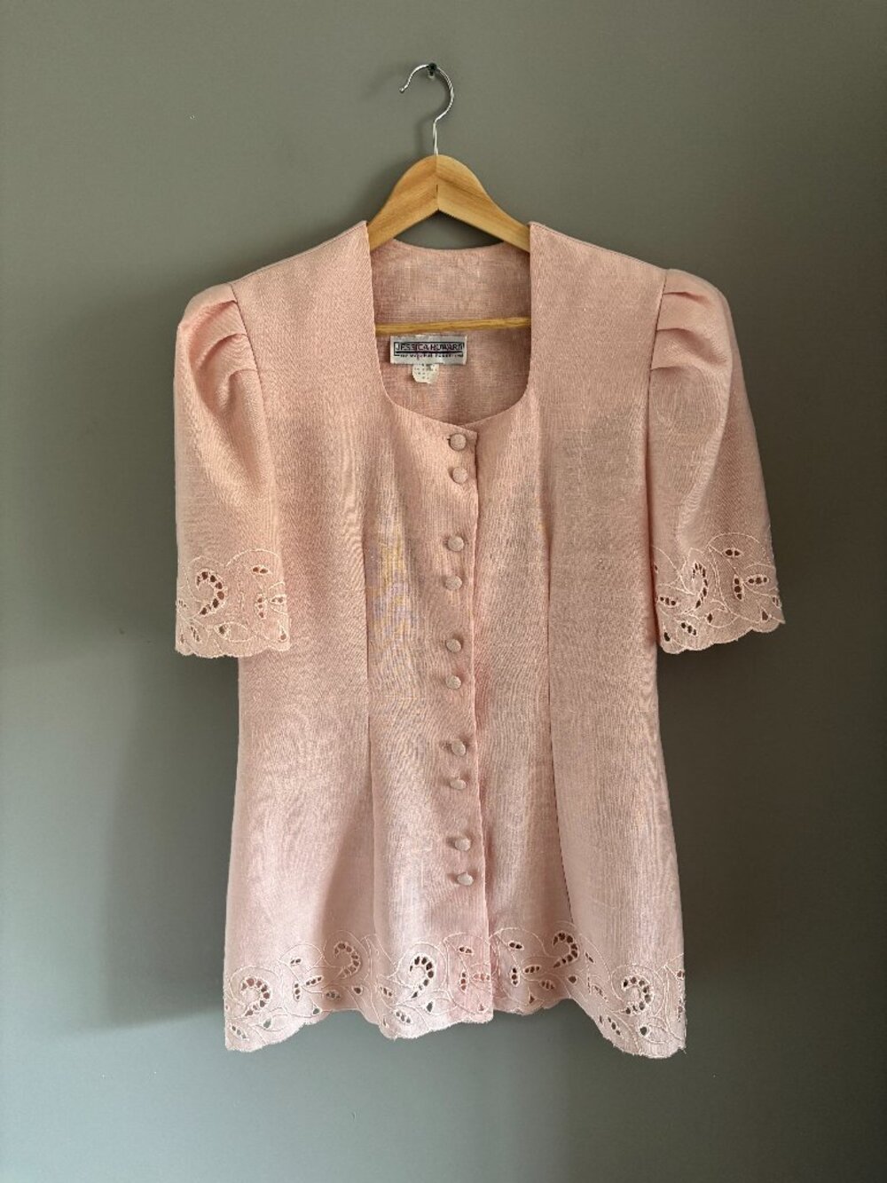 80s Pale Pink Eyelet Lace Trimmed Blazer